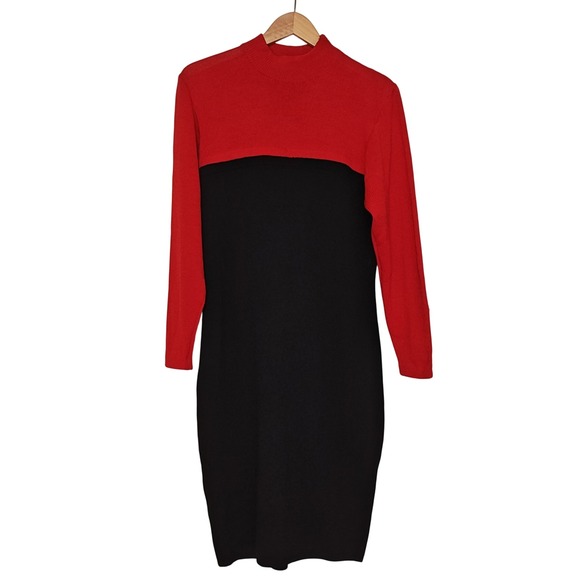 St. John Dresses & Skirts - St John Marie Gray Knit Dress Womens 12 Red Black Colorblock Mock‎ Neck Santana